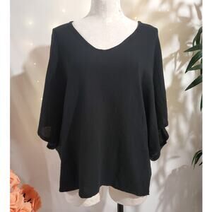 Tempo Paris NWT 100% Linen Poncho Top Size L Black Natural Lagenlook Relaxed